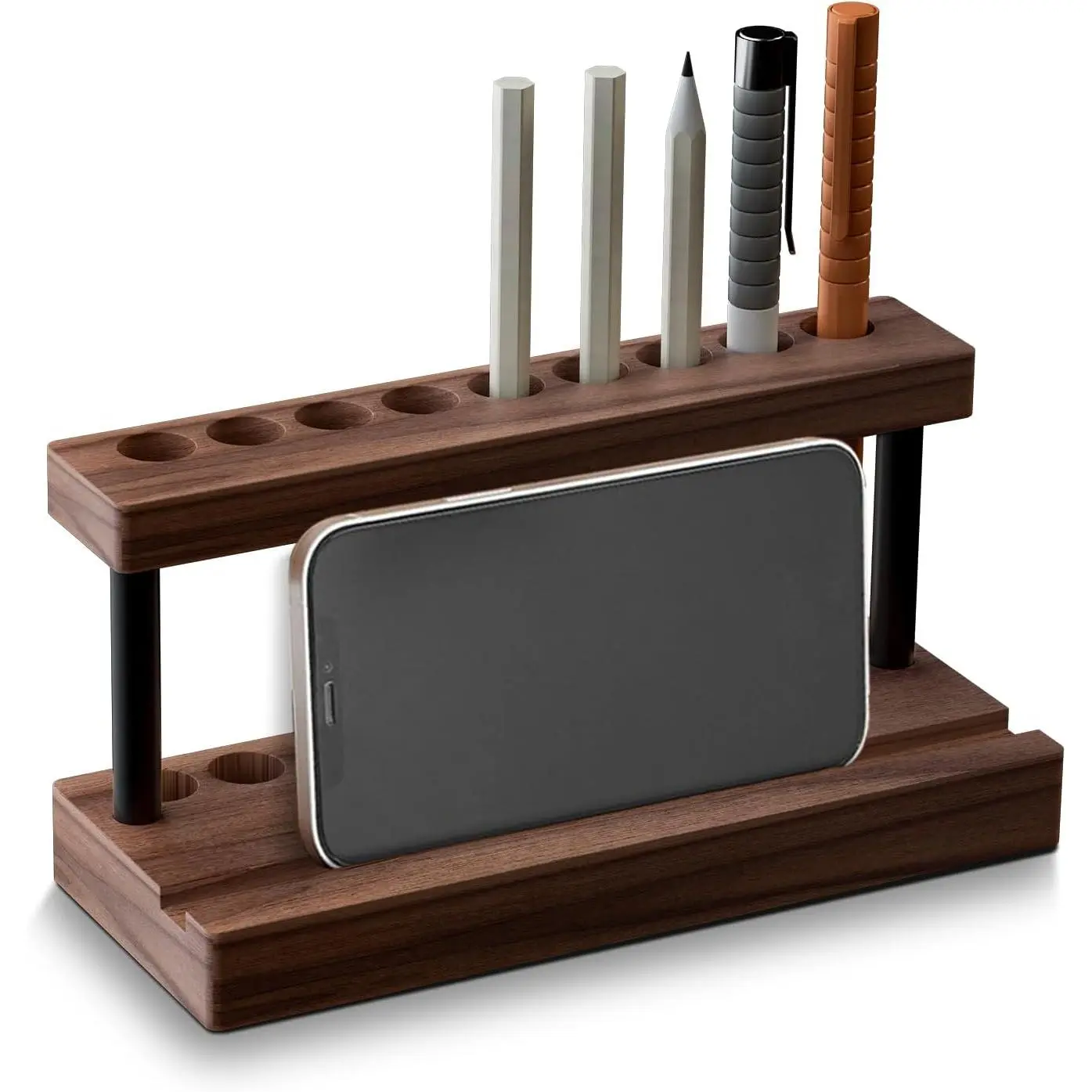 Pencil & Pen Holder for Desk, Solid Walnut Pen Display Stand with 9 Slots and Cell Phone Holder, Aesthetic Pen Organizer for Minimalist Office Desk Decor