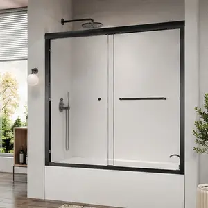 ARCH 56-60 Inch Semi-Frameless Double Sliding Tub Door, Bypass Bathtub Shower Door, 1/4" (6mm) SGCC Tempered Glass, Matte Black Aluminum Frame, Modern Bathroom Shower Enclosure, Easy Install, Waterproof Seal, 58" H, Black Color Options