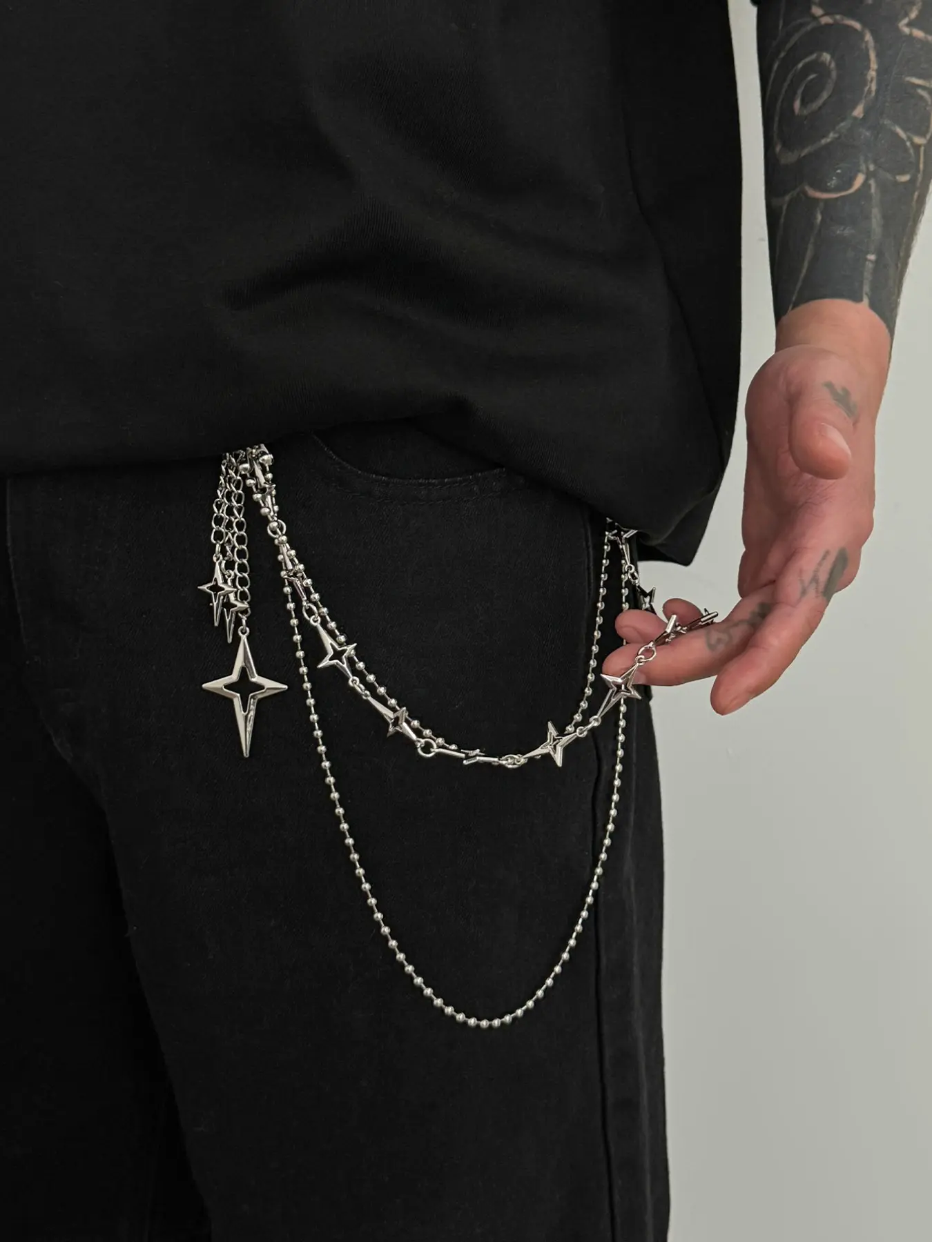 Multi-Layer Star Pendant Pants Chain, Silver Color Bead Body Double Layer Denim Wallet Chain, Y2K Gothic Punk Waist Chain, Unisex Streetwear Accessory