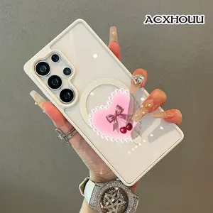 Magnetic Protective Case Pearl Heart Cherry Coquette Art for SAMSUNG S26 ULTRA S25 S24 S23 S22,Aesthetic Design Shockproof,Silicone,Lightweight,Scratch Resistant,and Girly