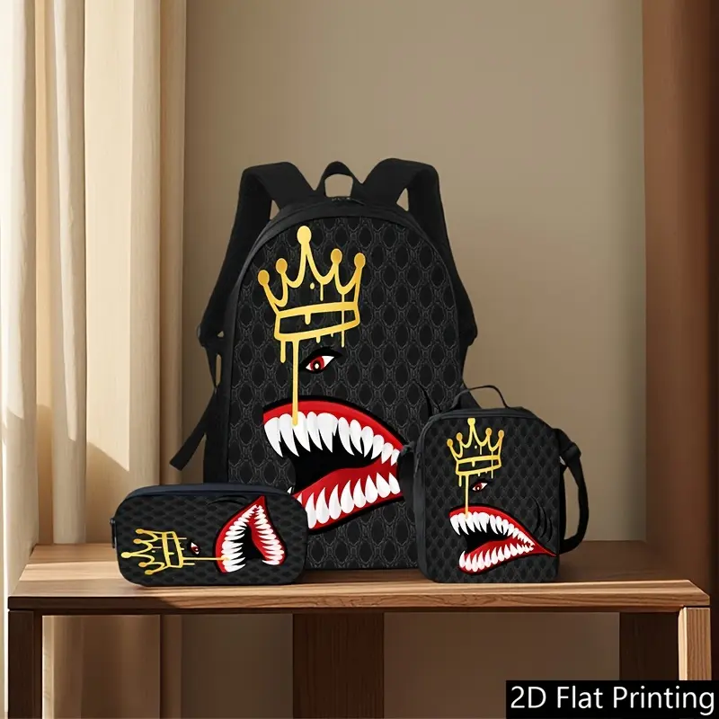 Stylish Black 3-Piece Backpack Set - Large-Capacity Backpack, Lunch Bag, Pencil Case with 2D-Printed Gold Crown & Gaping-Maw Graphics, Distinctive Street-Style Design