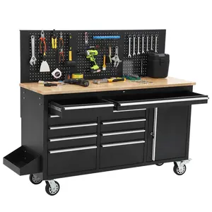 61-Inch Rolling Tool Chest, Tool Cabinet with 10 Drawers, Garage Workbench Storage, Power Strip Included, Solid Rubberwood Top, Supports 1675 LBS, Heavy-Duty Rolling Workstation