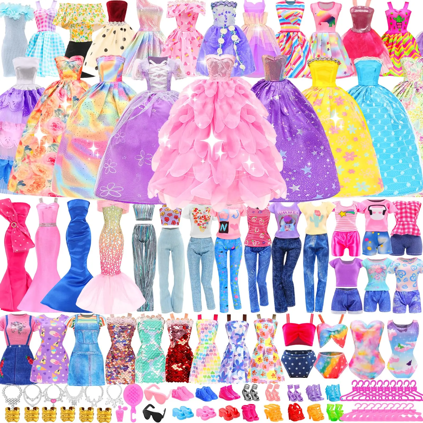Girls' Large Doll Clothes Outfit Cabinet Toy Set - 1 Doll, 138 Pieces (Princess Dresses, Tops, Pants, Swimsuits, Shoes, Hangers) - Toddler Dress-Up Accessory Gift, Large Set