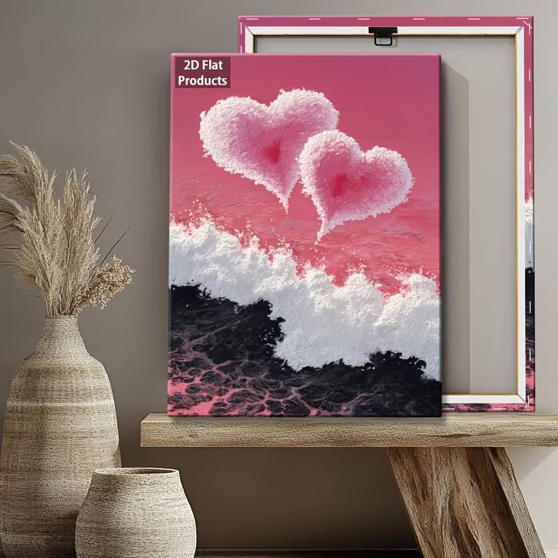 2D Flat, Valentine'S Day Heart Wall Art - Pink & Black Abstract Love Painting on Wrapped Canvas with Wood Frame, Retro Modern Minimalist Decor for Living Room, Bedroom, Bathroom
