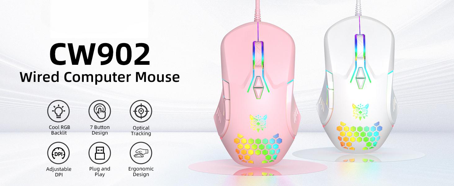 Wired PC Gaming Mouse: High Precision Sensor,RGB Backlit, Adjustable DPI, 7 Buttons Programmable,Ergonomic mice for Office & Gaming on Windows/Mac/Linux/Chrome-White