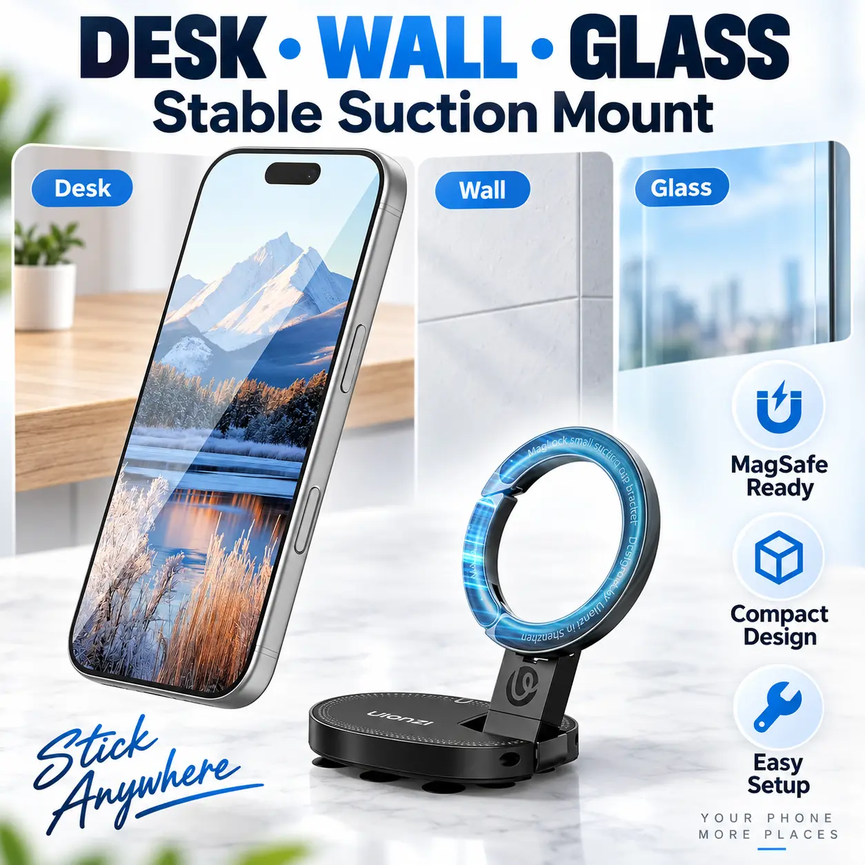 Universal Magnetic Phone Holder with Heavy Duty Suction Base, 360 °   Adjustable Desktop Mount for Smartphones, Wall, Mirror and Glass Surfaces, Home Office Accessories