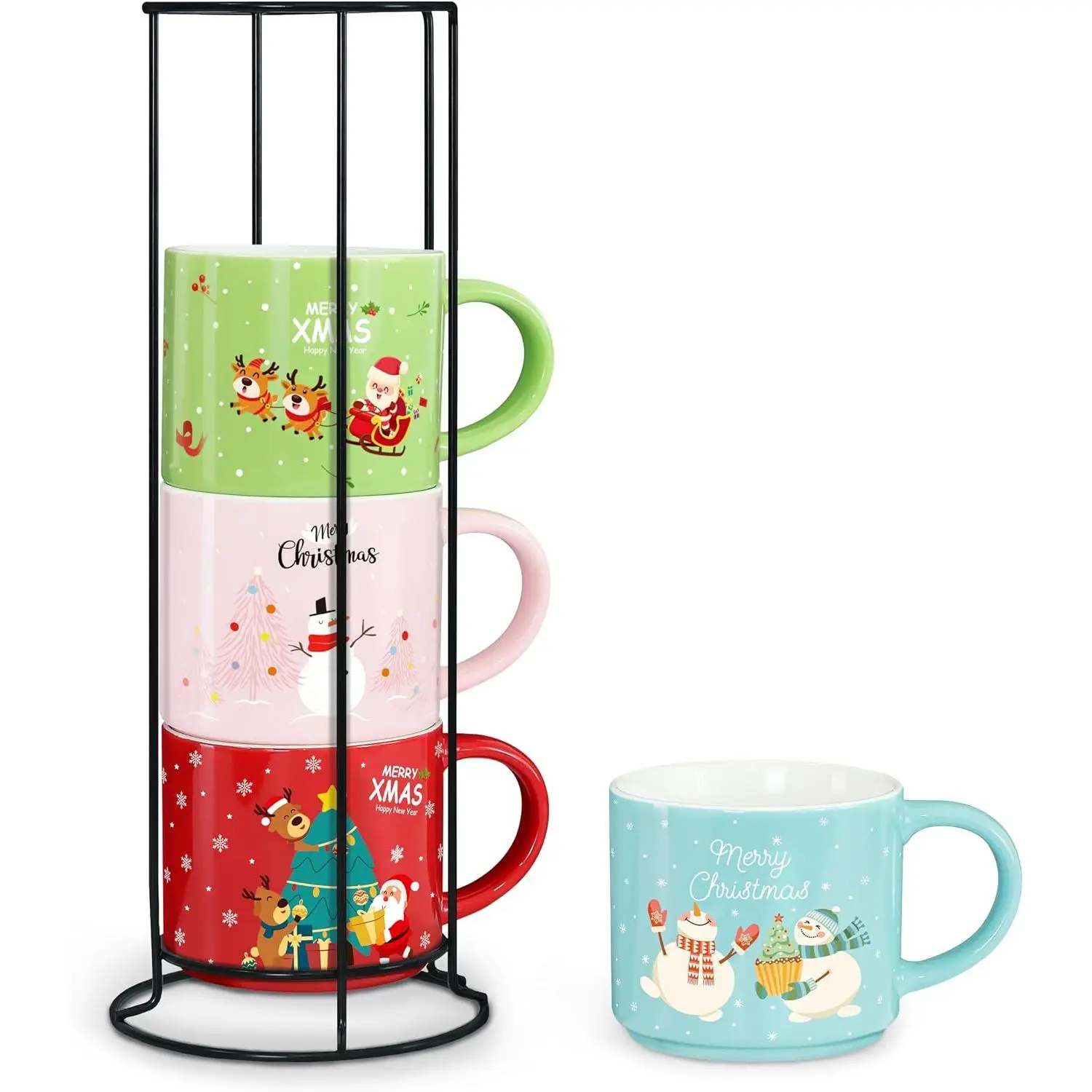 Set of 4 Stackable Christmas Mugs, 15.8 Oz Coffee Mug With Stand, Holiday Hot Cocoa Mugs for Mom Family Colleagues  &  Cocoa Tray Decor