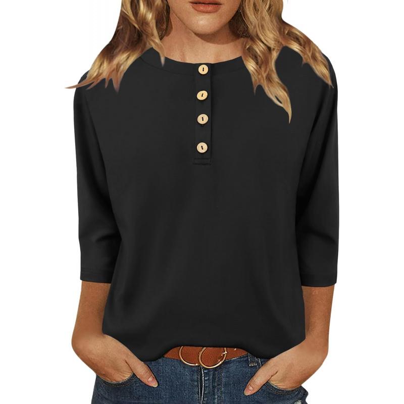 Womens Tops Casual 3/4 Sleeve Shirts Crew Neck Loose Casual Blouses Floral Print Tshirts