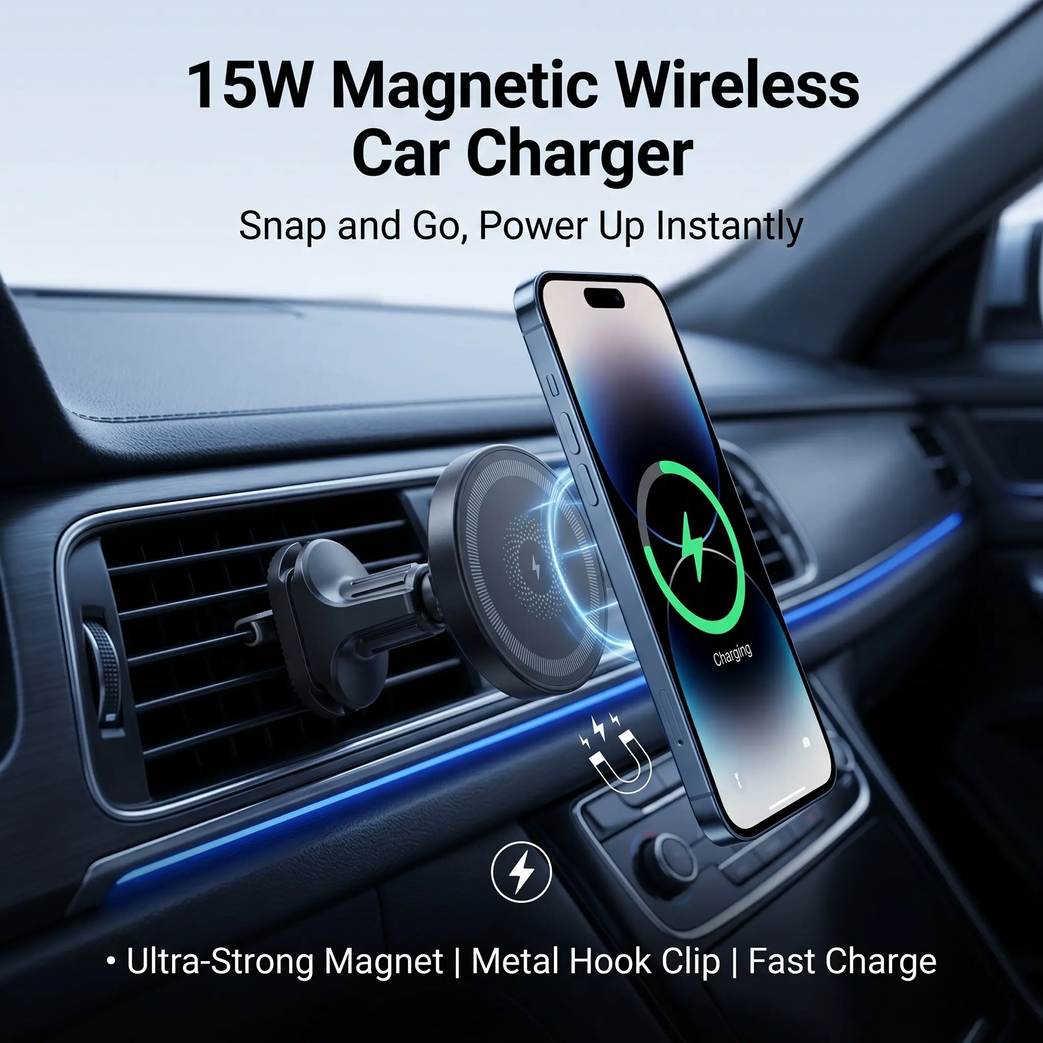 15w Fast Charging Magnetic Car Phone Holder, Metal Hook Fixed, Stable on Bumpy Roads, Compatible with iPhone, Android, Samsung, Magsafe, Magnetic Wireless Charging