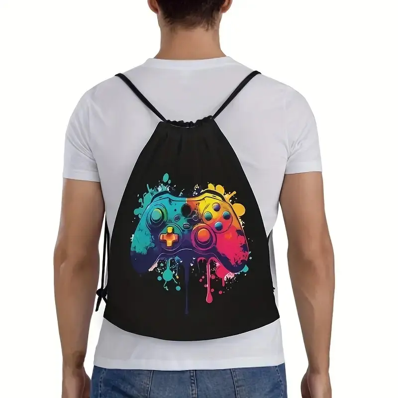 Game Backpack with Game Controller Design - Heavy Duty Drawstring Backpack with Adjustable Shoulder Straps, Neon Game Bag in Turquoise Blue, Lightweight for School, Travel, Birthday Gift for Boys And Girls, Women'S Drawstring Backpack