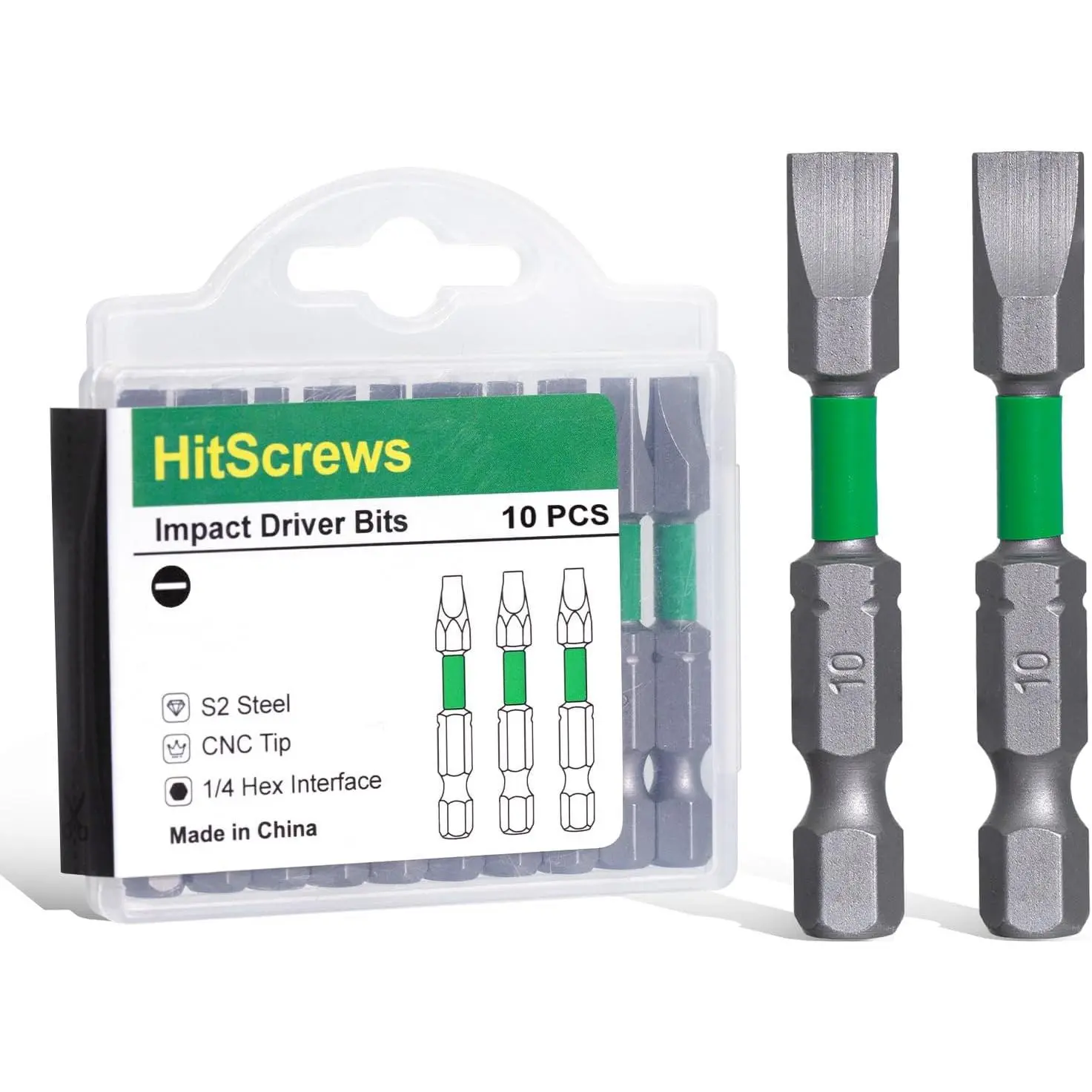 SL10 Flat Head Screwdriver Bits,2-Inch-Duty Slotted Bits,S2 mpact Driver Bit,1/4" Hex Shank for Decking, Framing, Construction & Furniture – 10 Pack