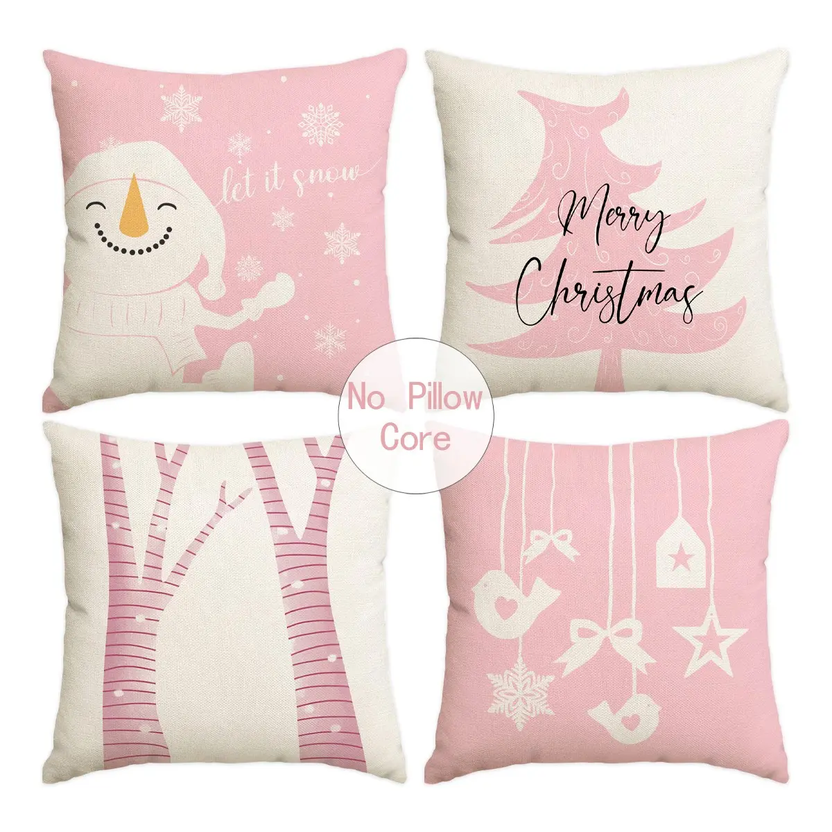 4pcs pink Christmas pillowcase, pink Christmas tree winter forest cushion cover, set of 4 18x18 inches, bird bow snowflake star single-sided printed pillow cover, winter farmhouse party decoration, Cushion Slipcovers (without pillow core)
