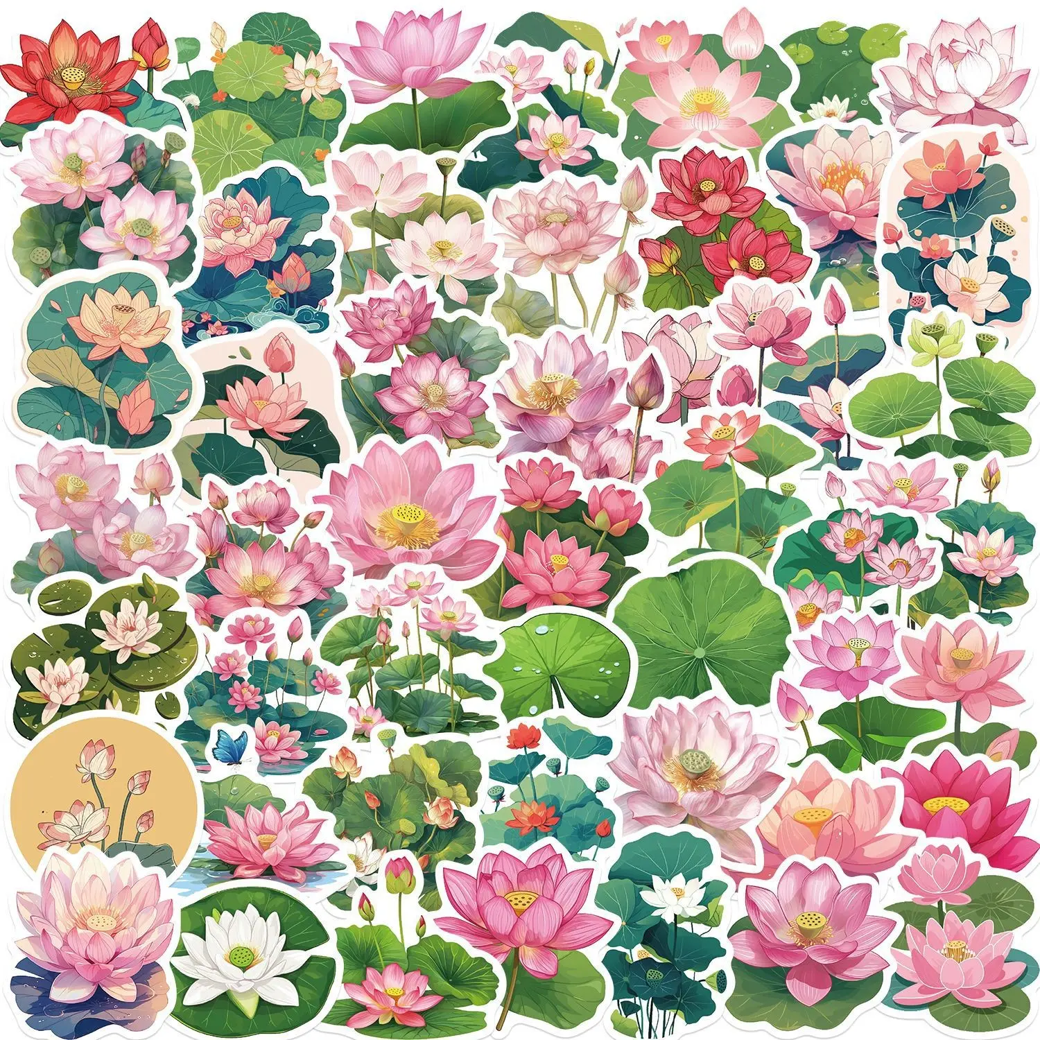 50 Pcs Cartoon Lotus Graffiti Stickers, Waterproof DIY Decorative Stickers for iPad, Luggage, Notebook, Journal, Handmade Crafts