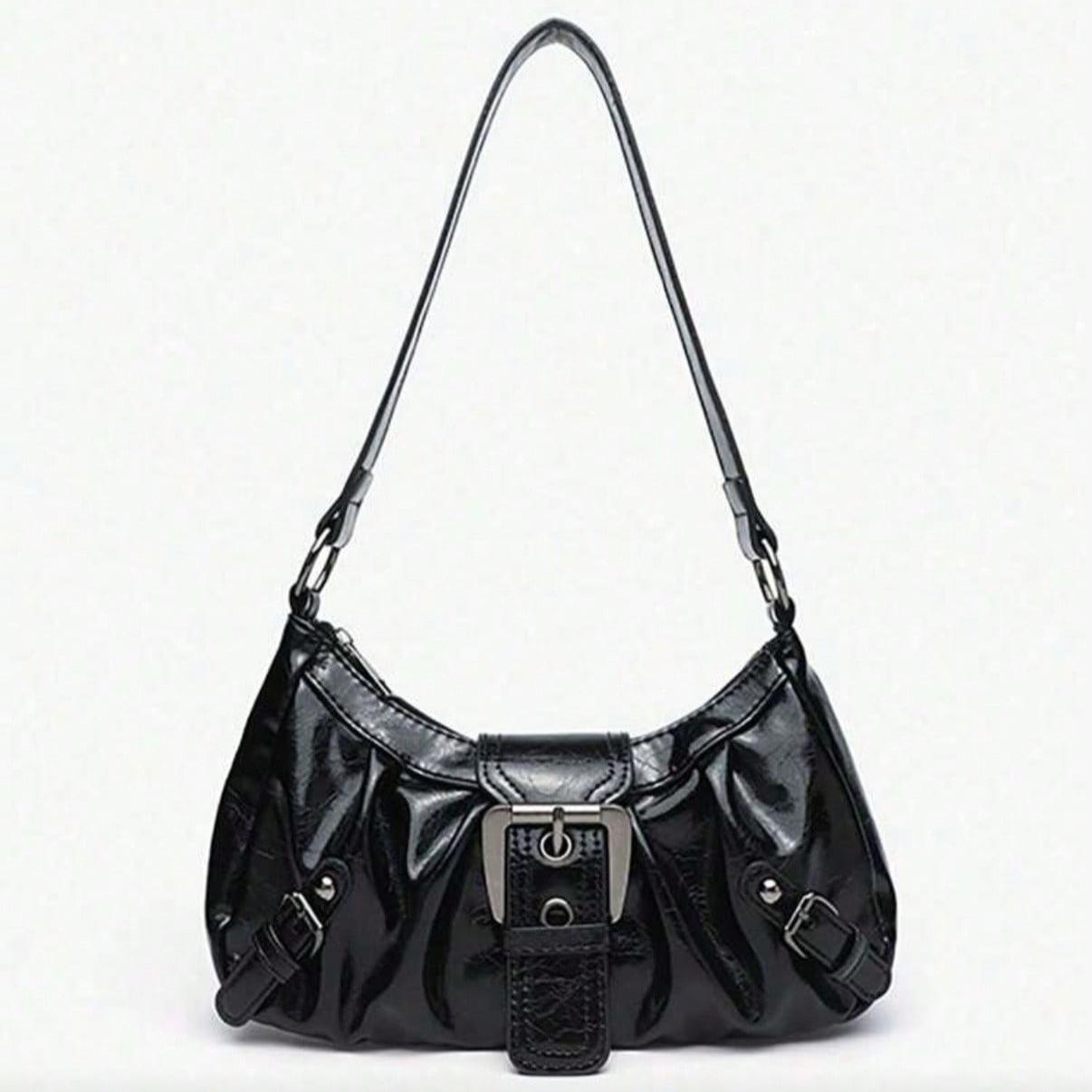 Y2K Vintage Shoulder Bag, Soft Distressed Leather Motorcycle Bag With Rivet Buckle Pleated Cloud Decor Underarm Bag Handbag Party, Street Bag for Women Purse Perfect Suitable for Work, Commute, Date