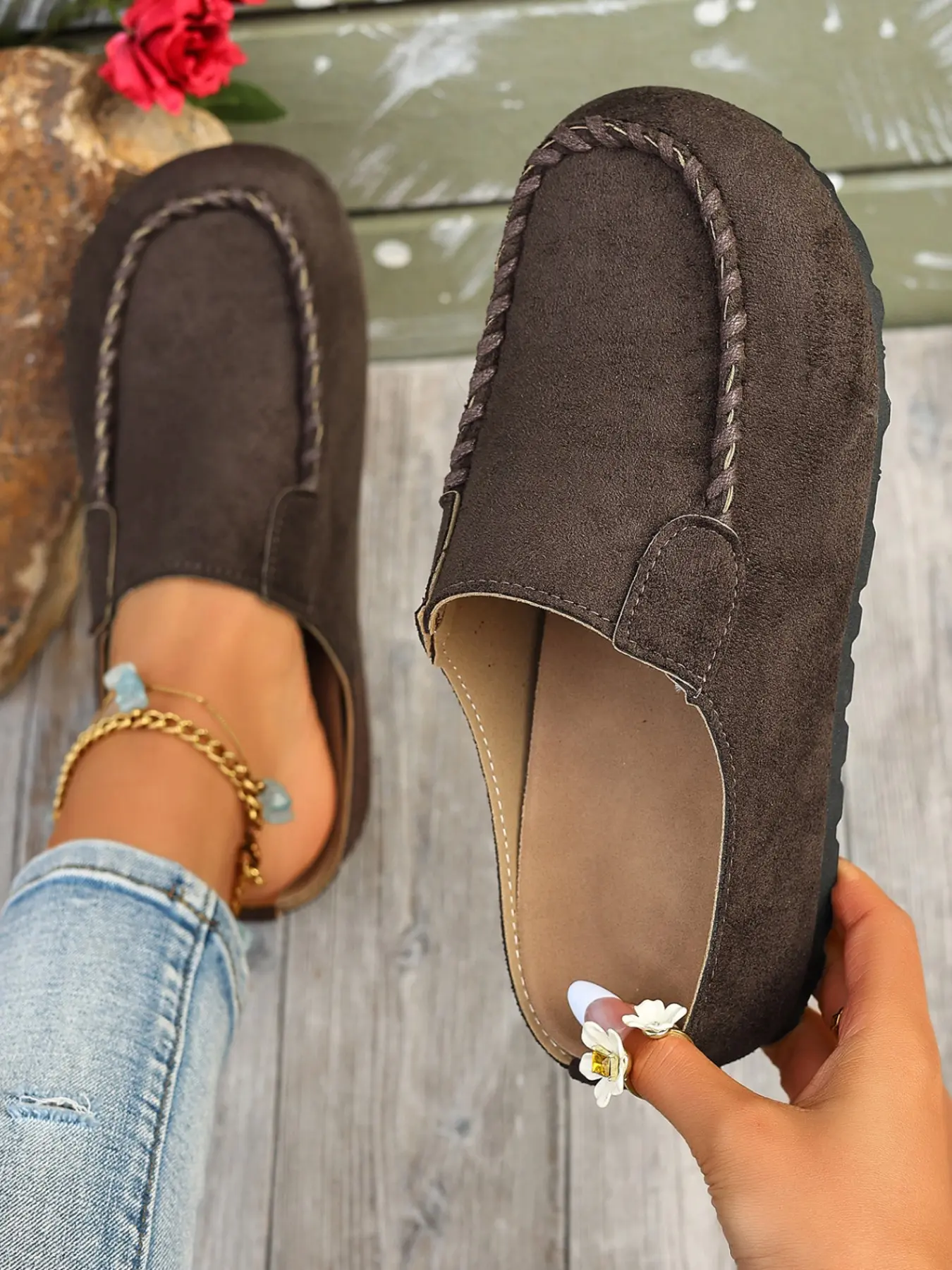 Women Faux Suede Closed Toe Braided Stitch Trim Backless Mule Clogs, Soft Cushioned Non-Slip Flat Sole, Daily Home Commute Outdoor Casual Footwear, 4 Colors Dark Brown Taupe Camel Leopard