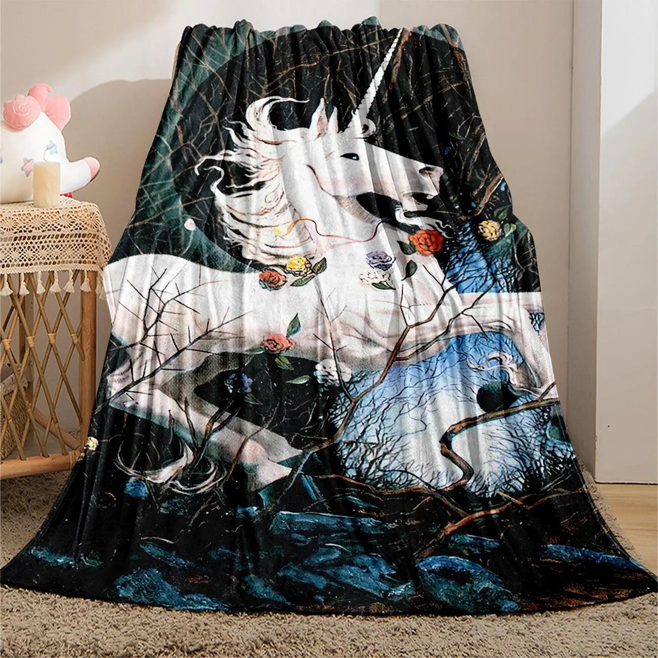 Unicorn Pattern Flannel Blanket, 1 Count - soft, warm throw blanket with storage bag; soft, comfortable blanket; accessory blanket for air‑conditioned rooms; warm nap blanket for home office
