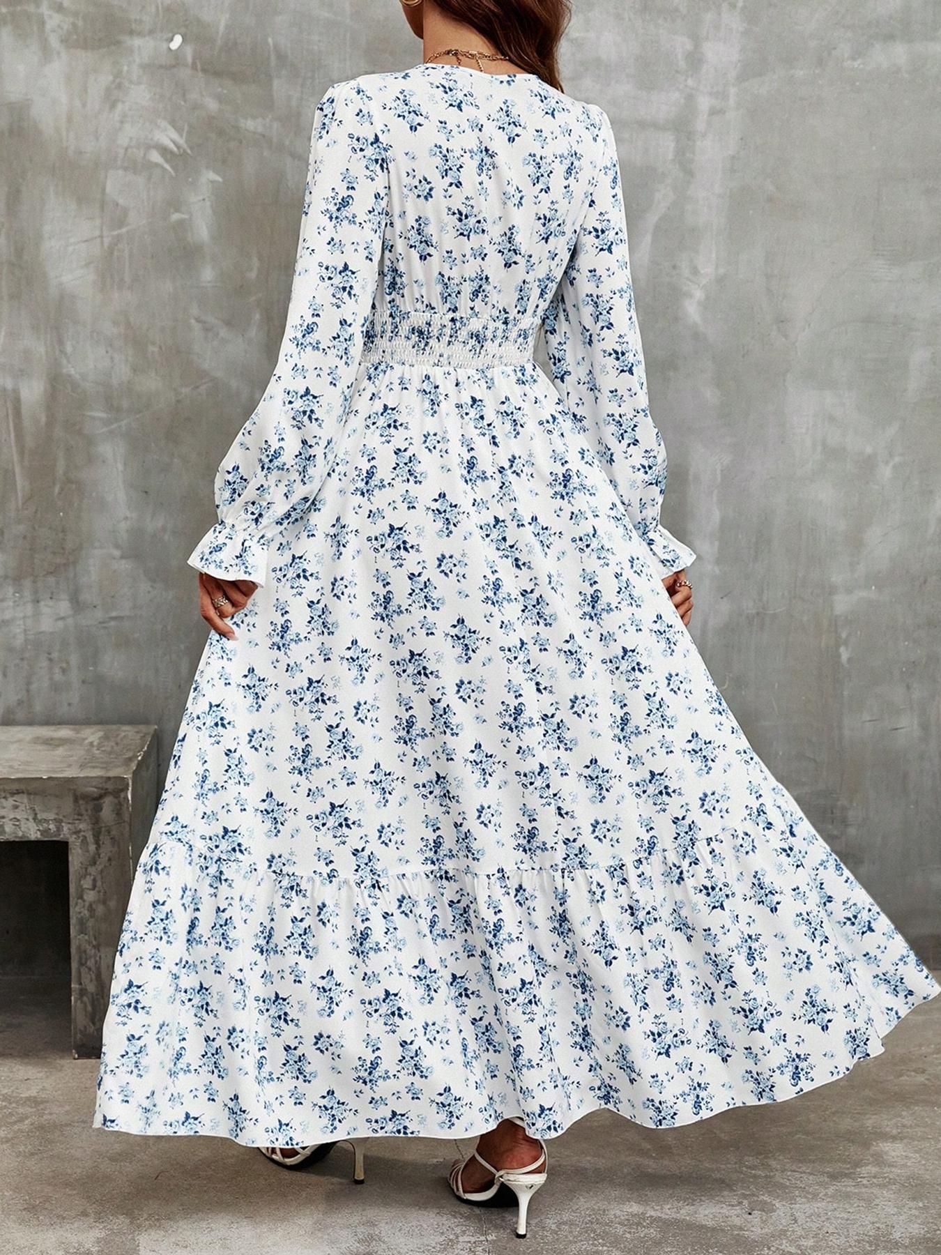 Women's Long Sleeve V Neck Fitted Woven Dress, Casual Elegant Style, Perfect for Daily Wear & Leisure Activities, All Season Comfortable, Spring