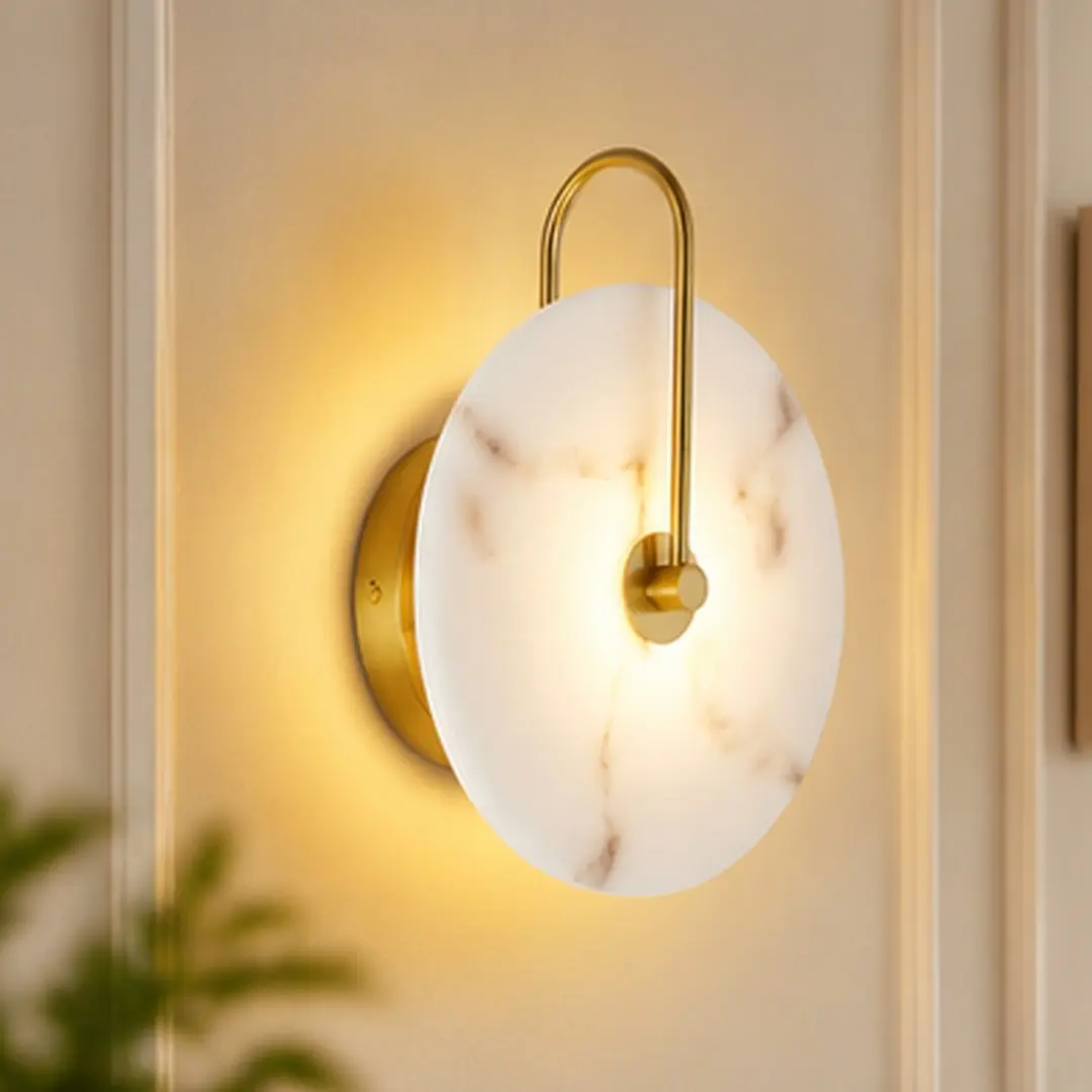 ARCH Round Alabaster Wall Sconce - Hardwired Modern LED Wall Lamp with 9.8in Gold Iron Mount, Natural Marble Lampshade, 5.10in Depth, 13.80in W x 37.40in D x 5.10in H, 17.80lb, for Bedroom, Hallways, Multiple Color Options