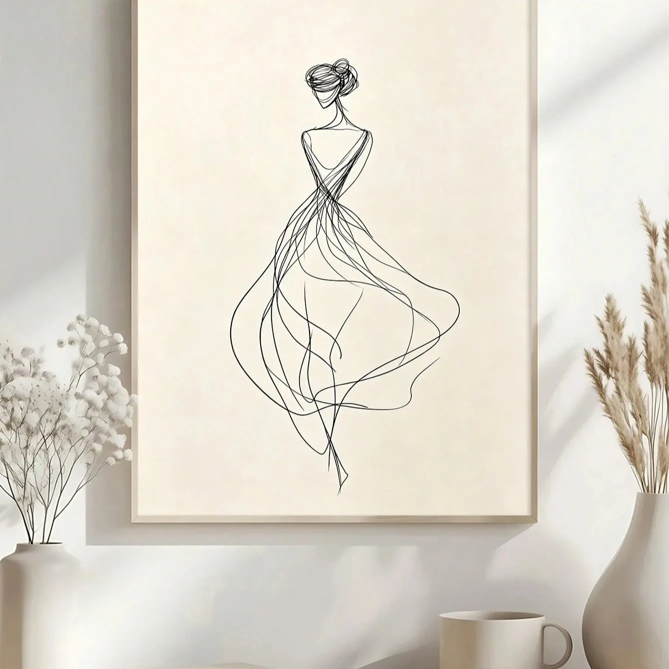 1Pc Minimalist One Line Sketch Female Figure Art Prints, Elegant Lady In Flowing Long Dress Line Drawing Poster, Vintage Cream Background Simple Line Art Wall Decor For Living Room Bedroom Entrance Home Decoration, Unframed