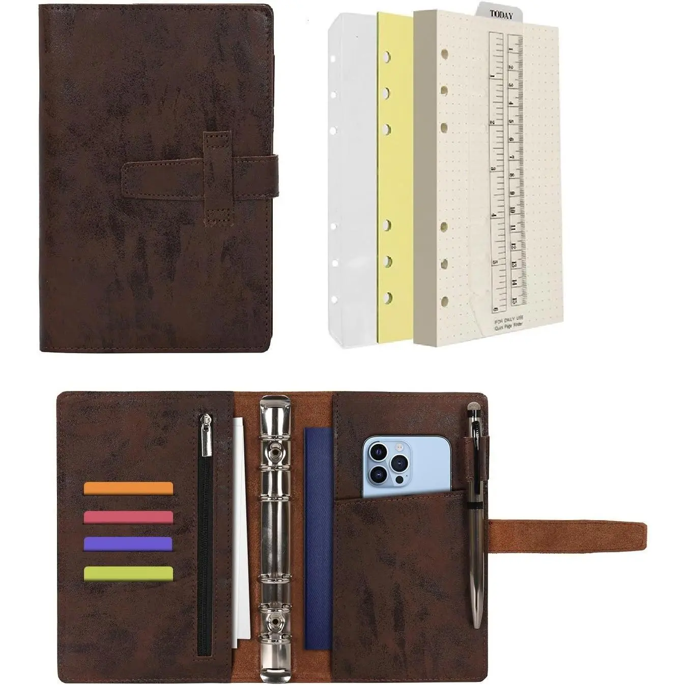Leather Journal Refillable Binder A6 Writing Notebook Folder Organiser with Dotted Paper & Multi Pockets Cover for Business School Travel (A6, Coffee)