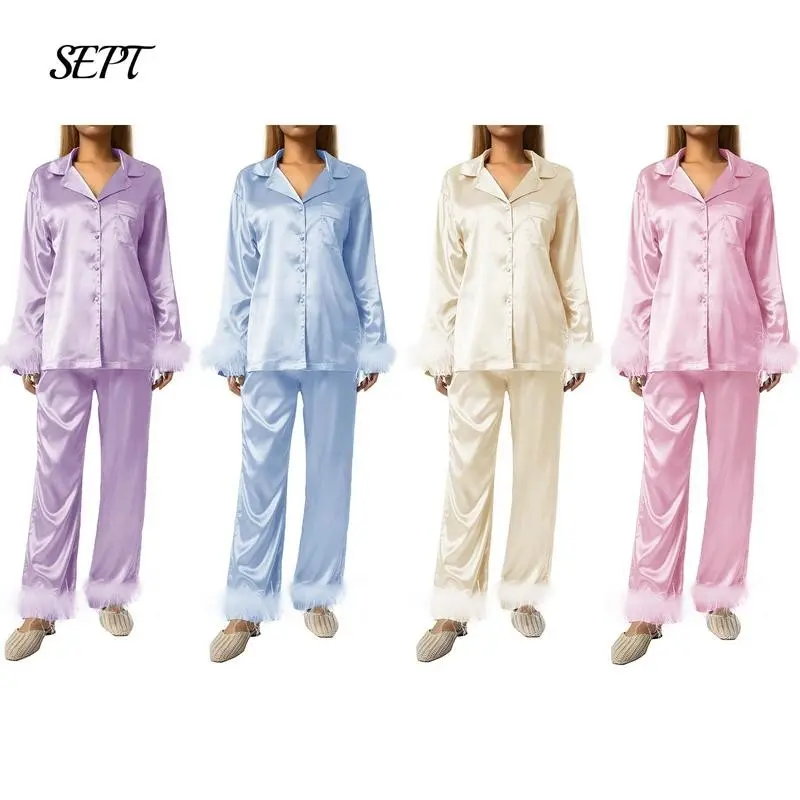 Women's satin silk pajamas with fuzzy feather border, solid color long sleeved shirt top, high waisted pants, pajamas
