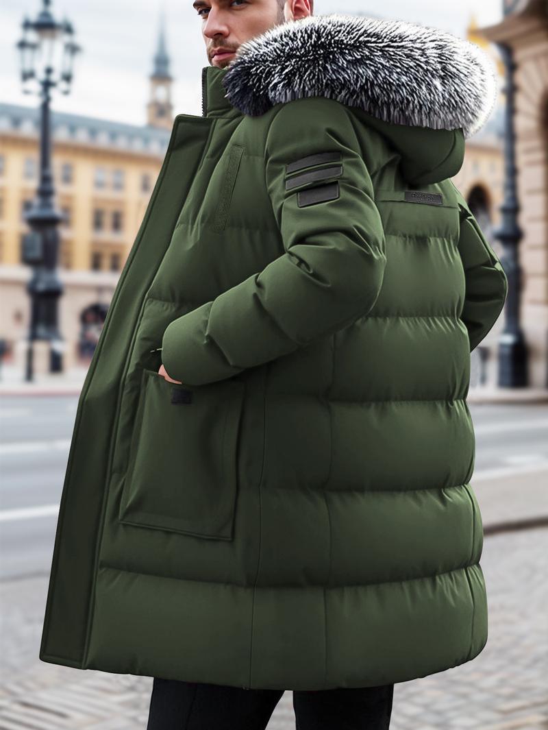 Men's Heavy-Duty Winter Coat with Detachable Fur-Like Hood & Collar - Long Jacket, Large Pockets, -Filled Cold-Weather Outerwear for Skiing, Commuting - Hand Washable (No-Stretch)