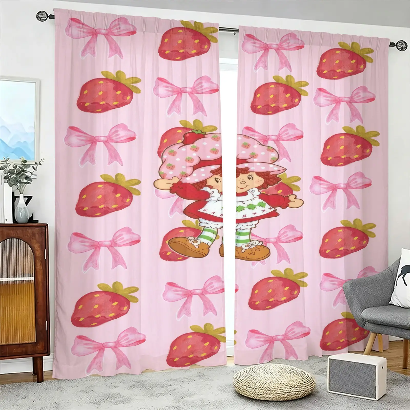 Set of 2 Brushed Fabric Curtains, Cartoon Girl Strawberry Bow Pattern Window Drapes, Semi-Transparent & Fade Resistant, Through Rod Header Design, for Girls Bedroom, Sweet Princess Room
