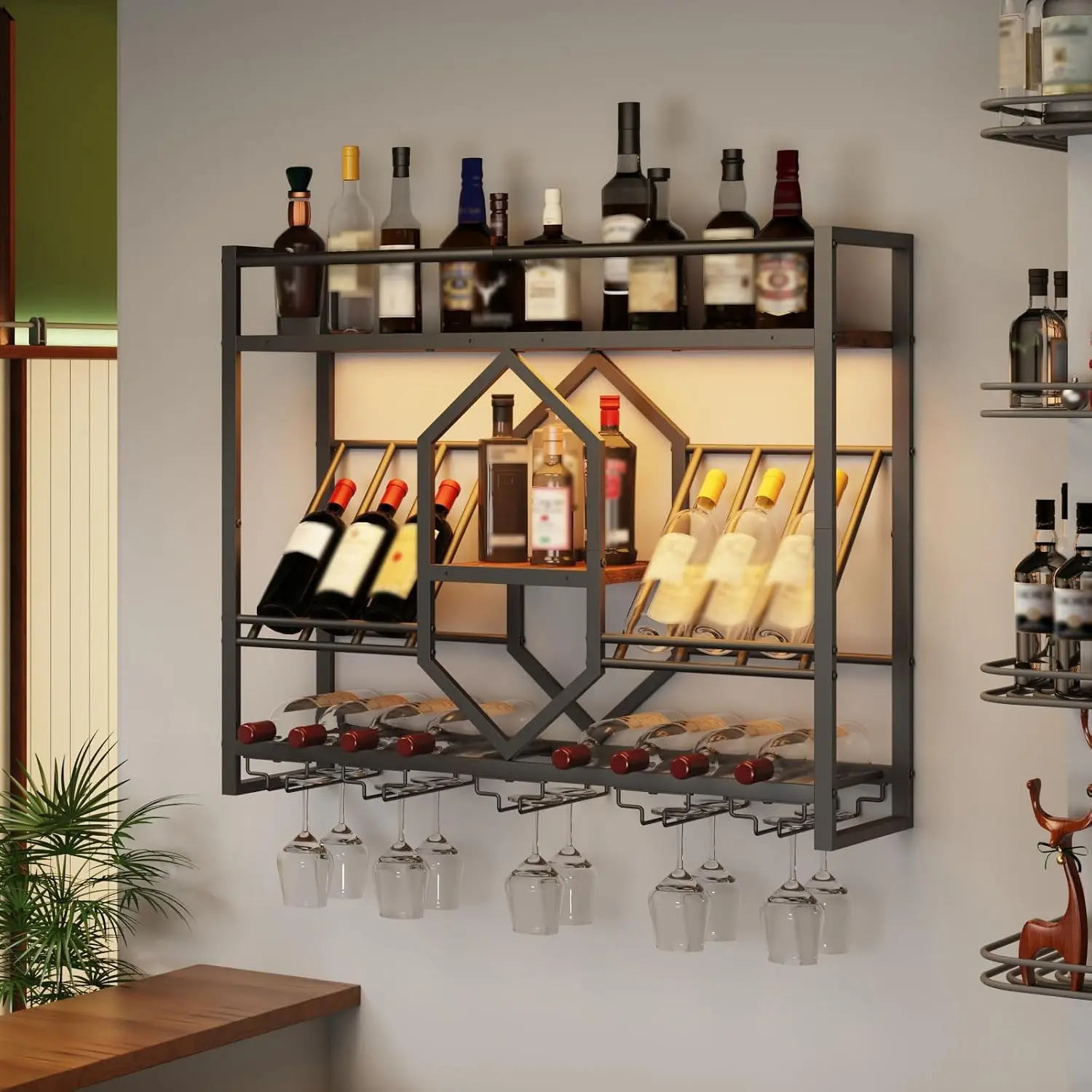 Wall Mounted Wine Rack with LED Light, 31.5" Wine Shelf, 3 Tier Wine Bottle Display Shelf with Glass Holder, Hanging Bar Liquor Storage Rack, for Kitchen, Bar, Rustic Brown and Black BF73DBJ01