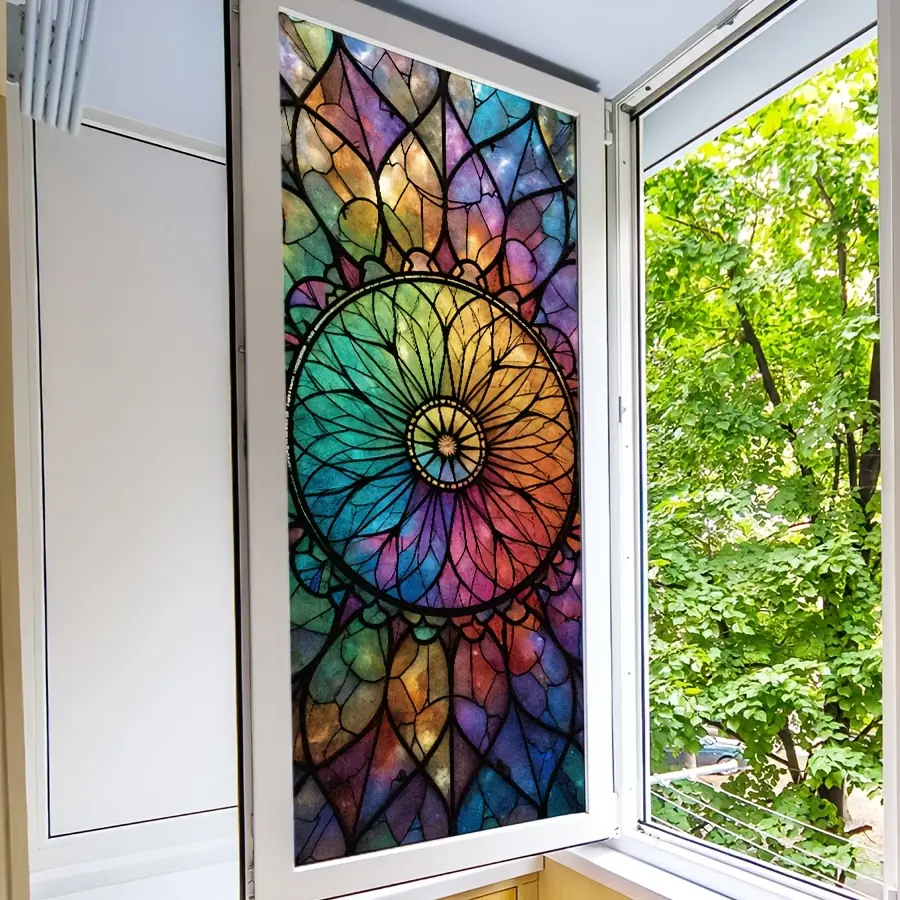 1pc Vintage Colorful Flower Print Glass Window Sticker, Decorative Decal, Privacy Insulation Self-Adhesive Static Cling Window Decal, Removable Self-Adhesive Pattern, Cuttable Glass Film for Bathroom Kitchen Living Room, Gift for Friends Holiday