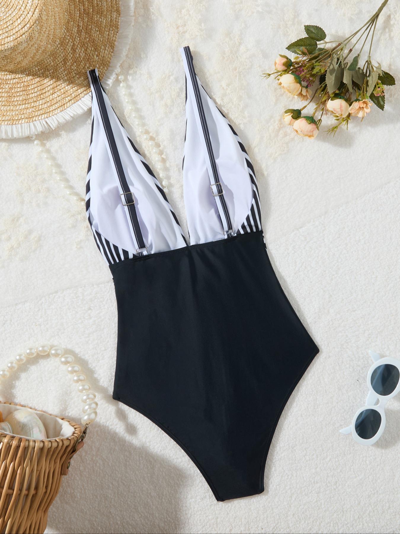 Women's Striped Print V Neck Backless Swimsuit, Summer Outfits 2024, Casual Adjustable Strap Swimwear for Summer, Ladies Swimsuit for Beach Holiday Vacation, Adjustable Straps Swimsuit