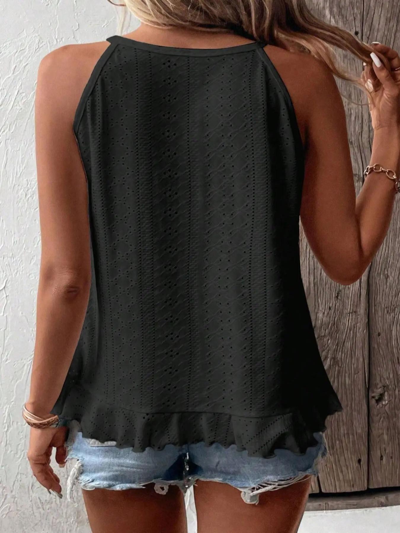 【Plus Size】 Solid Color Eyelet Embroidery Cami Top, Casual Elegant Sleeveless Knit Top for Daily Wear, Women Plus Clothing for All Seasons