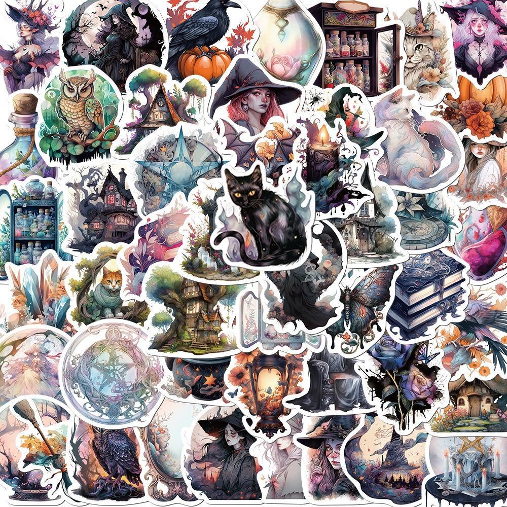 50pcs Cartoon Witch Style Series Graffiti Sticker, Children's Decorative Collage Decal, PVC Waterproof DIY Decorative Sticker For Stationery Computer Water Bottle Skateboard, Halloween
