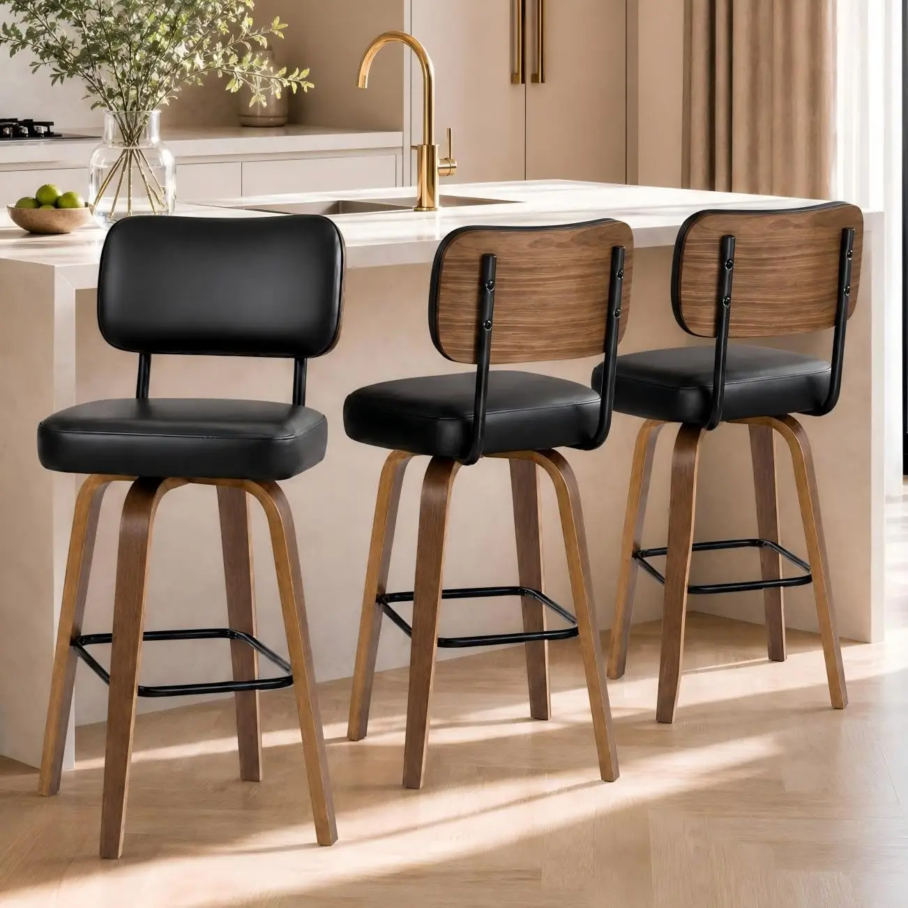 Garvee Counter Height Bar Stools Set of 3, Faux Leather Upholstered Counter Stools 26" Swivel Bar Stools with Back & Bentwood Legs,,dorm essentials,home decor