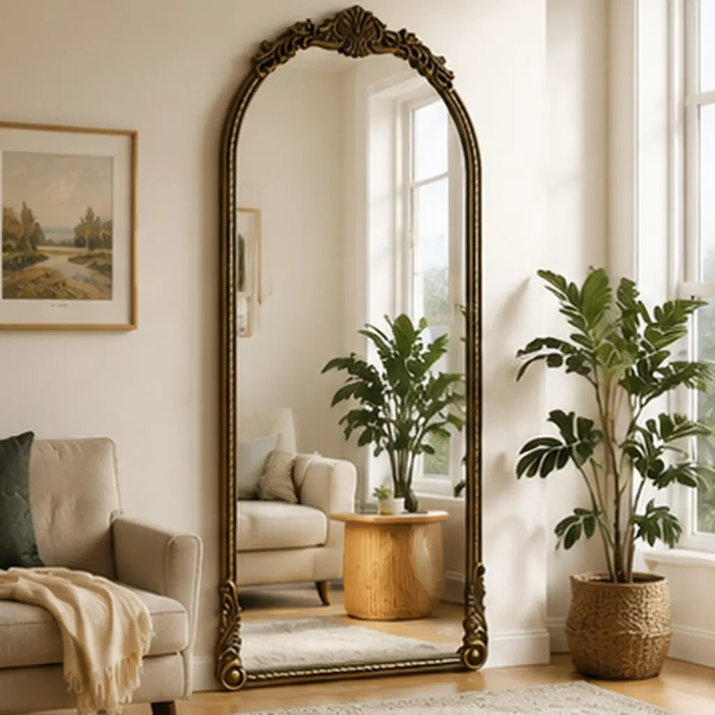 73.03 Inch Large Retro 1-Piece Arch Oval Relief Mirror - Wall-Mount Gold Finish Decor, Easy Installation for Living Room, Bedroom, Home Furniture & Household Supply, Large Mirror