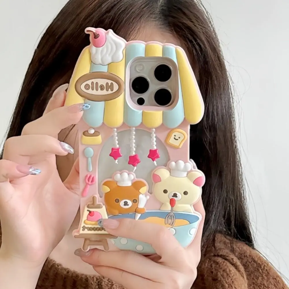 For iPhone 12 13 14 15 16 Pro Max 3D Cartoon Rilakkuma Dessert Story Chef Bear Phone Case Dessert Soft Silicone Cover