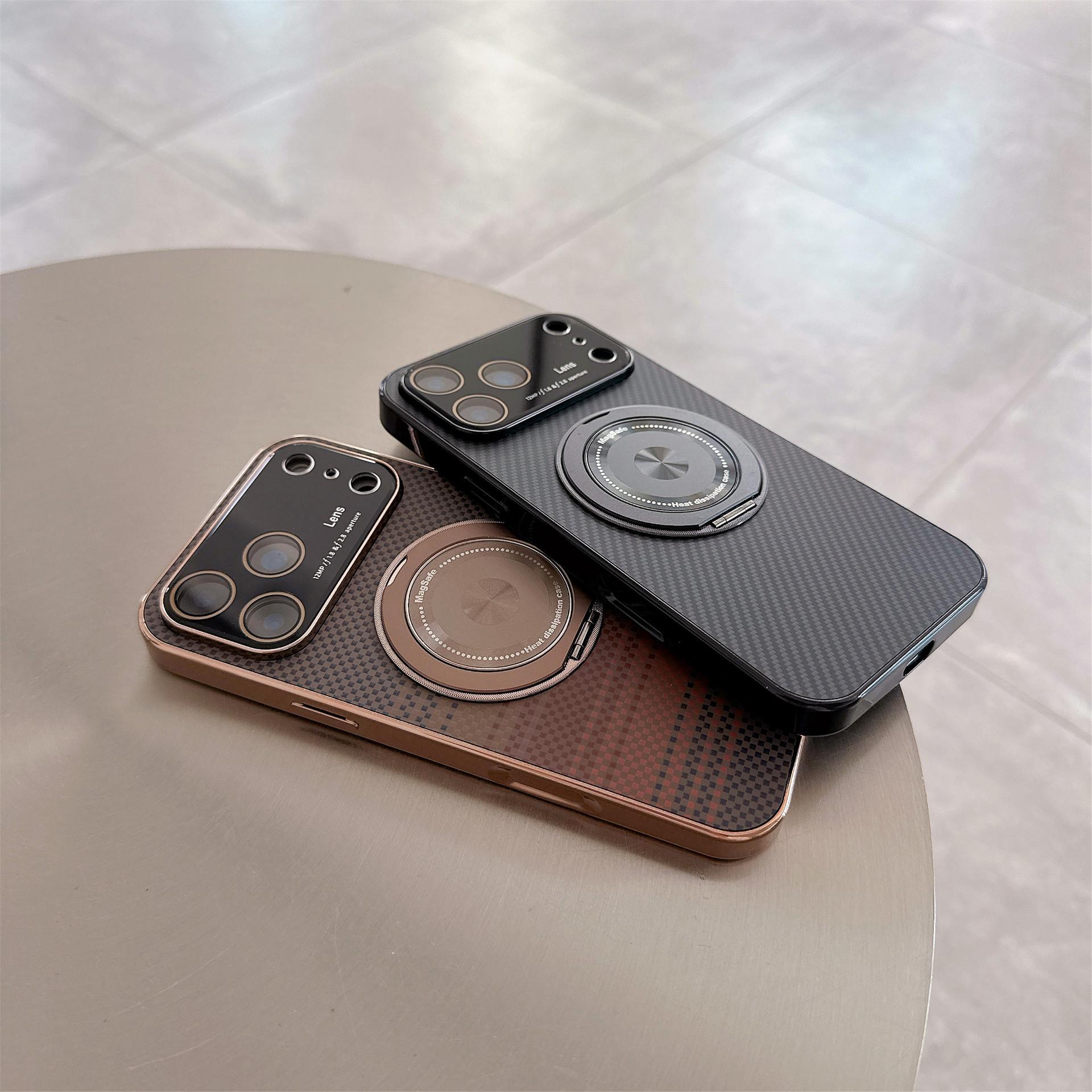 Suitable for iPhone 17 Magnetic Phone Case Rotating Stand iPhone 16 Pro Max Large Window Electroplated Fiber Texture