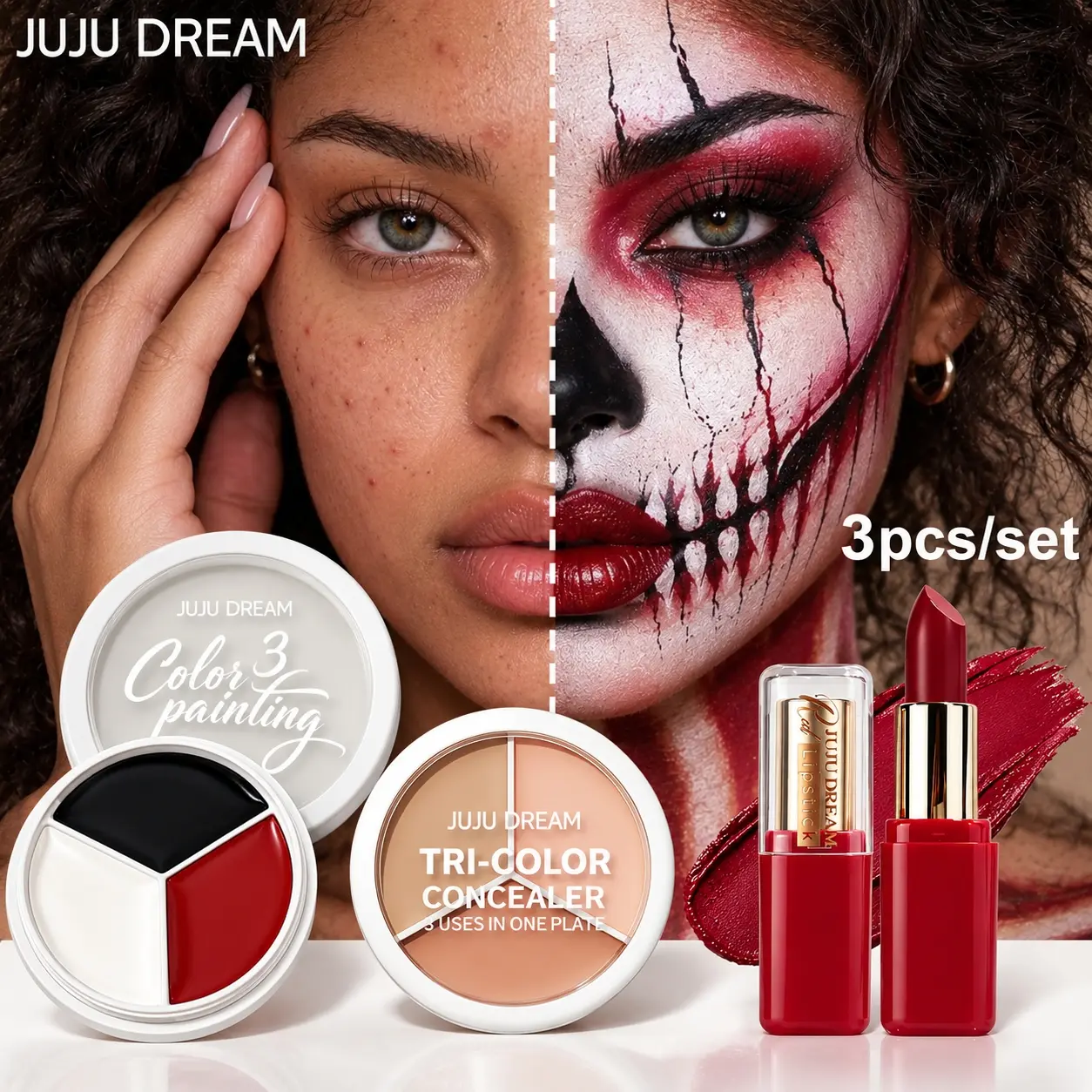 Halloween Makeup 3Pcs Set! Includes tri-color face paint palette, multi-shade concealer & satin lipstick! Black white red face paint for spooky special effects makeup. One kit for daily look & Halloween costume party!