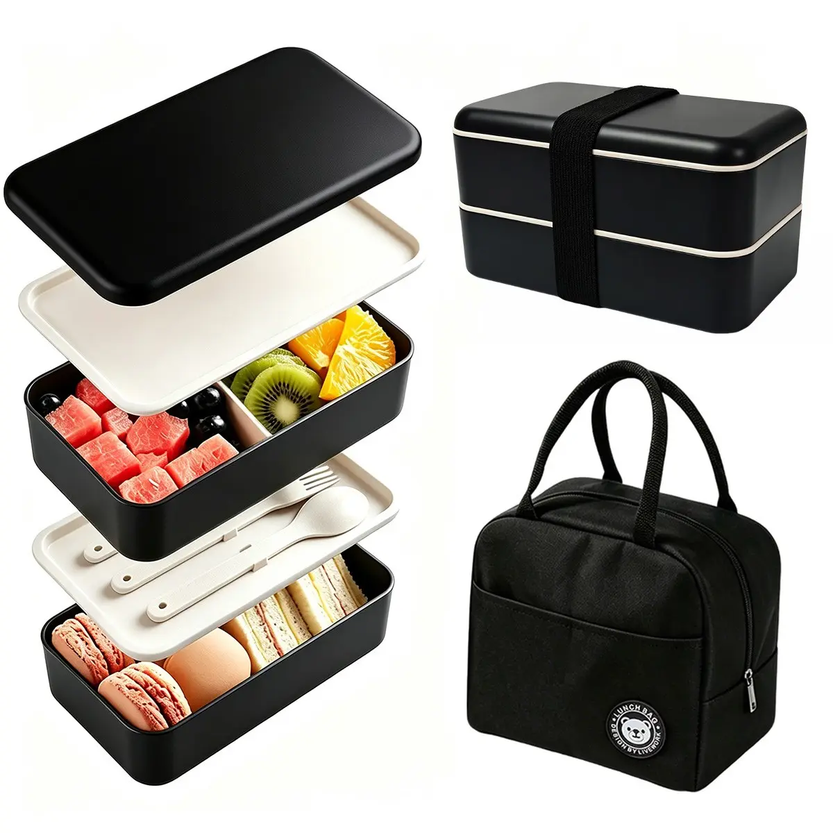 1 Set Black&White Double & Triple Layer Divided Bento Box Set With Cutlery, Separated Anti-Odour Layers, Easy Clean & Microwave Safe, Insulated Lunch Bag For Meal Prep, Work, School, Travel & Outdoor