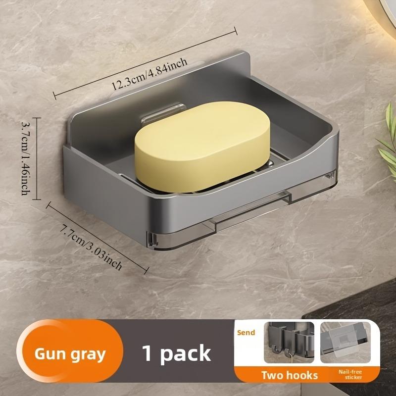 Wall-Mounted Soap Dish with Drain Tray & Hook, No-Drill Adhesive Soap Holder, Durable Plastic Bathroom Organizer, Space-Saving Soap Storage for Shower & Sink, Easy Clean Bathroom Accessory