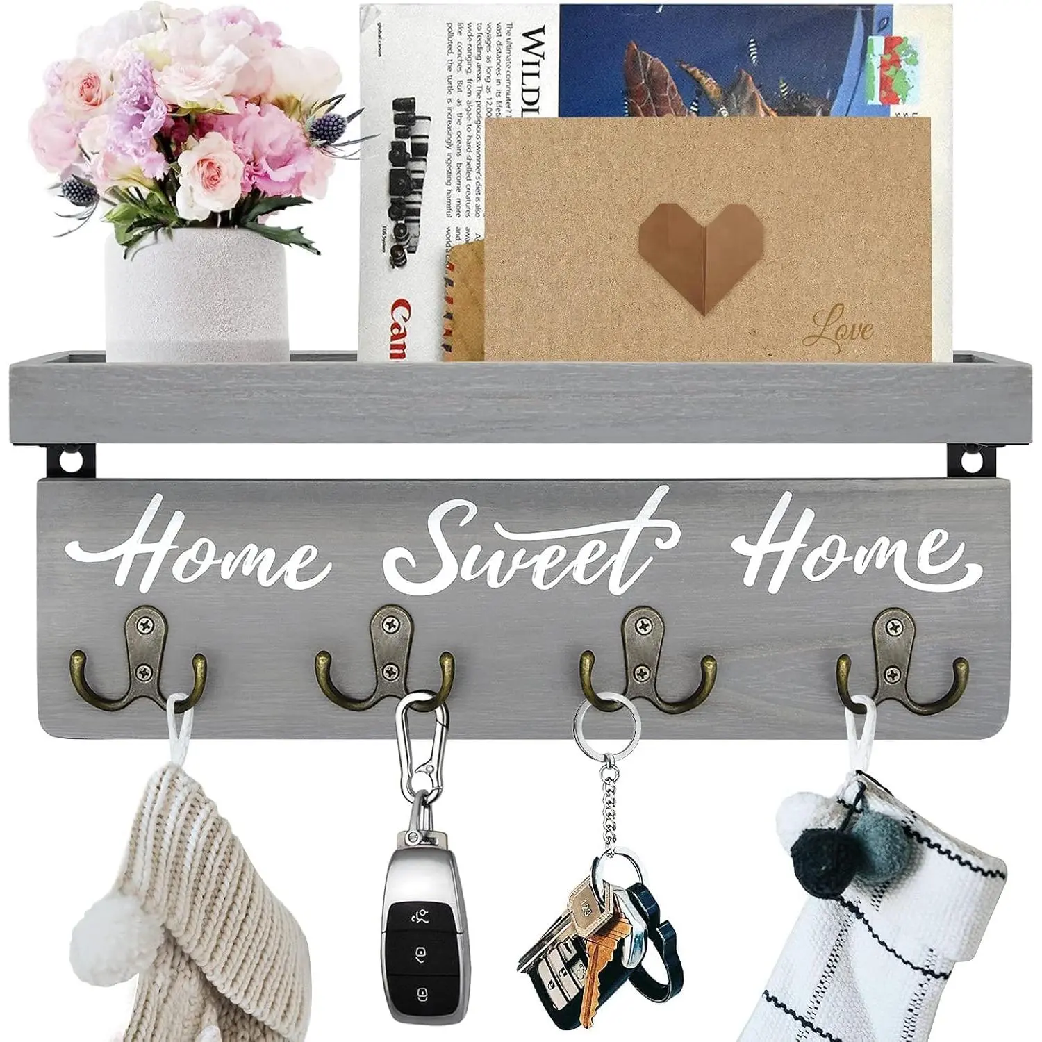 Key Holder Wall Mount with 8 Hooks and Cozy  Sign (Gray) | Solid , Floating Shelf for , Mail, and Daily Essentials in Entryways, Hallways or  Decor