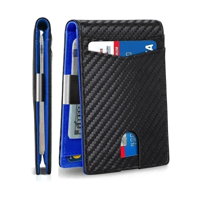 Men's Slim Bifold Wallet - Carbon Fiber Pattern Card Holder with Money Clip, RFID Blocker, High-Capacity for Business Use, Retro Minimal Design, Minimalist, Buckle, Nylon, Lightweight, Slim Wallet, Pu Leather, Waterproof, Plain, Anti-Theft, Do Not Wash