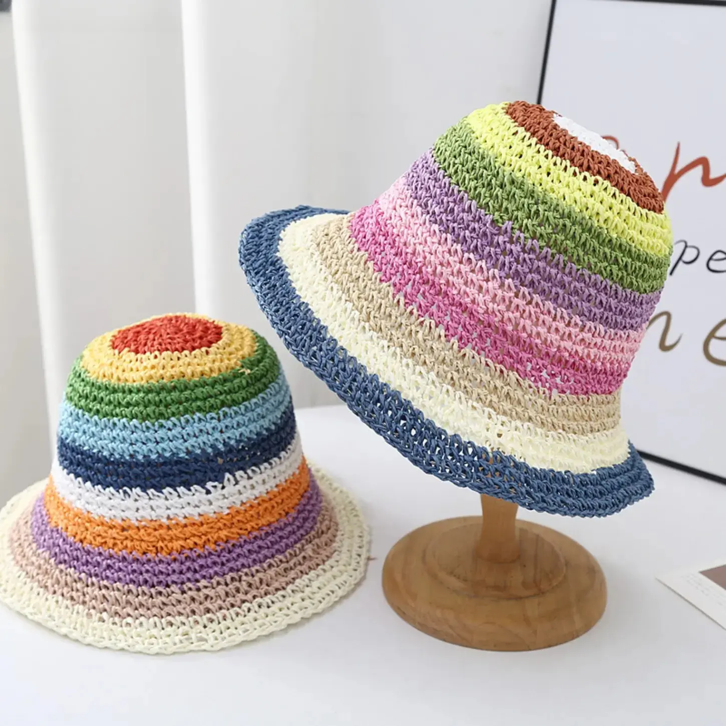 Women’s Crochet Straw Bucket Hat, Rainbow Fish Knit Summer Beach Hat, Breathable Lightweight Sun Cap for Outdoor Travel, Vacation, Fishing, Beach & Daily Casual Wear Accessory