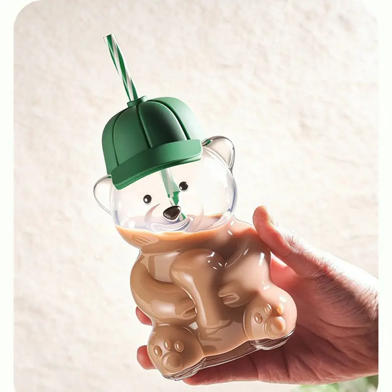 Cute 3D Bear Shaped Glass Cup with Silicone Baseball Cap Lid & Straw, Drinkware, 600ml/20oz Large Capacity Thick Clear Bear Drinking Glasses, Aesthetic Kawaii Bear Tumbler for Iced Coffee, Juice, Milk, Smoothie, Cute Gift for Girls Women