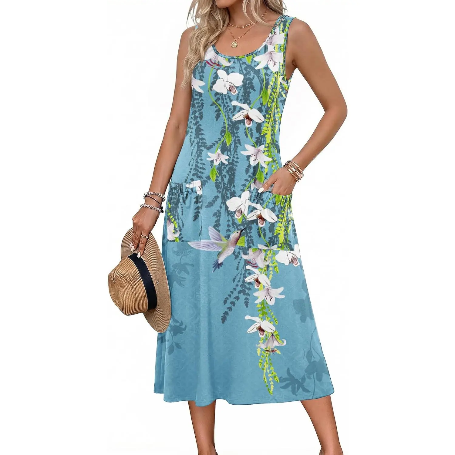 Women's 2026 Summer Polyester-Viscose-Elastane Blend Lightweight Floral Crew Neck A-Line Midi Tank Dress - Sleeveless, Soft Stretchy Fabric, Pockets, Cardigan-Friendly, for Evening, Weekend Brunches, Accessories-Compatible