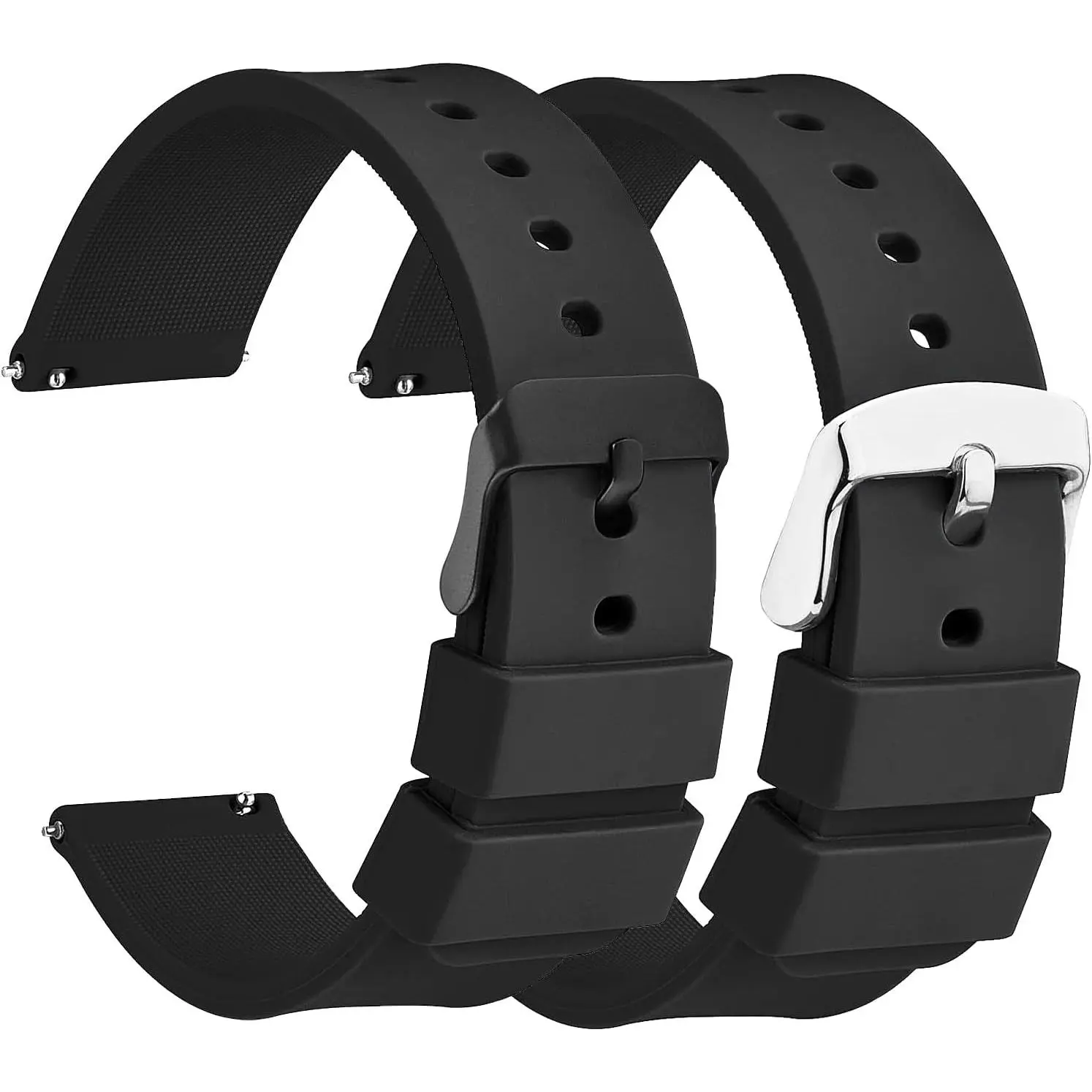 2 count 22mm(20mm)(18mm)  Watch Band, Soft  Straps Quick Release Rubber Strap with Black and Silvery Stainless Steel Buckle