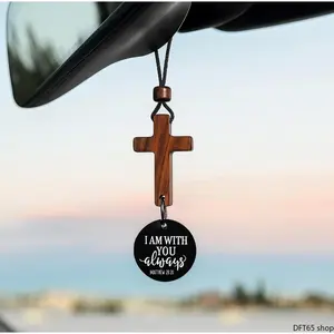Engraved Bible Verse Cross Hanging Ornament Polished Metal Rearview Mirror Pendant Inspirational Christian Decor Charm For Daily Vehicle Interior Faith Themed Car Styling Accessory