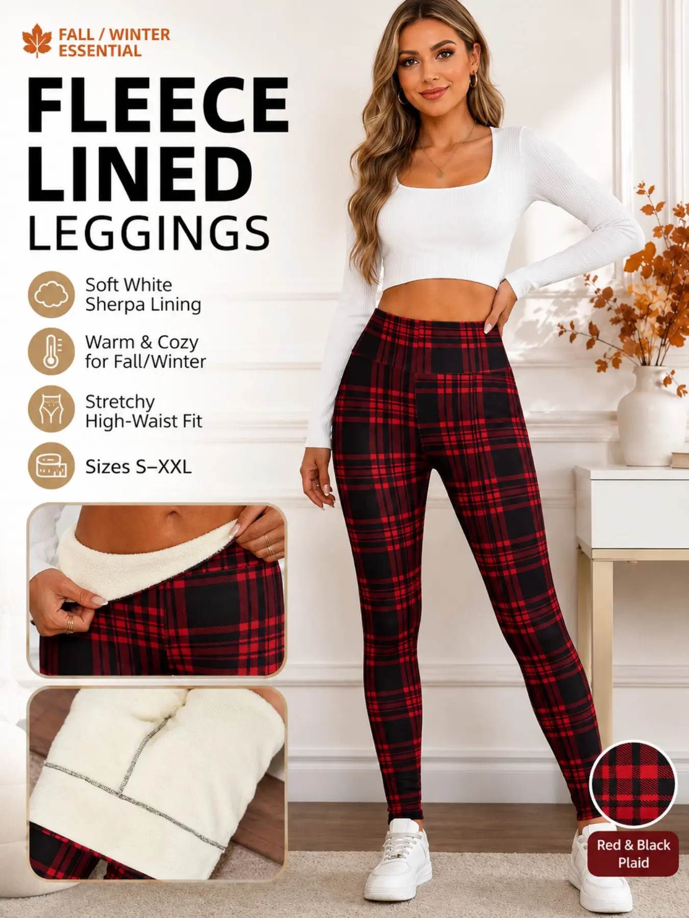 Women Autumn Winter Fleece Lined Leggings, Christmas Snowflake & Deer Plaid Printed Thermal Pants, Lamb Velvet Lined Warm Base Layer Trousers, Sizes S-XXL