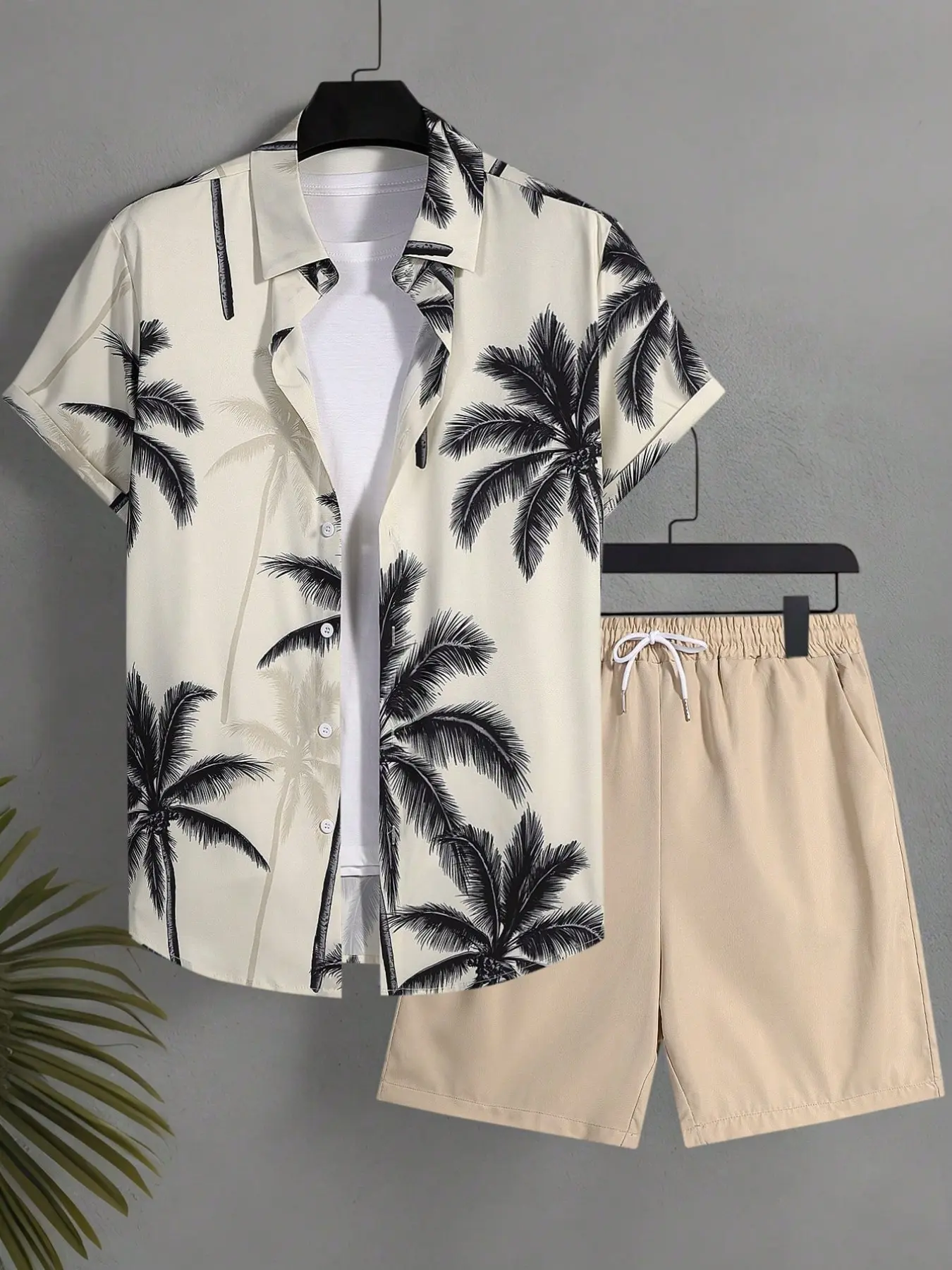 Men's Summer Casual Two-Piece Set, Tropical Leaf Floral Collar Short Sleeve Shirt, Elastic Waist Drawstring Shorts, Beach Vacation