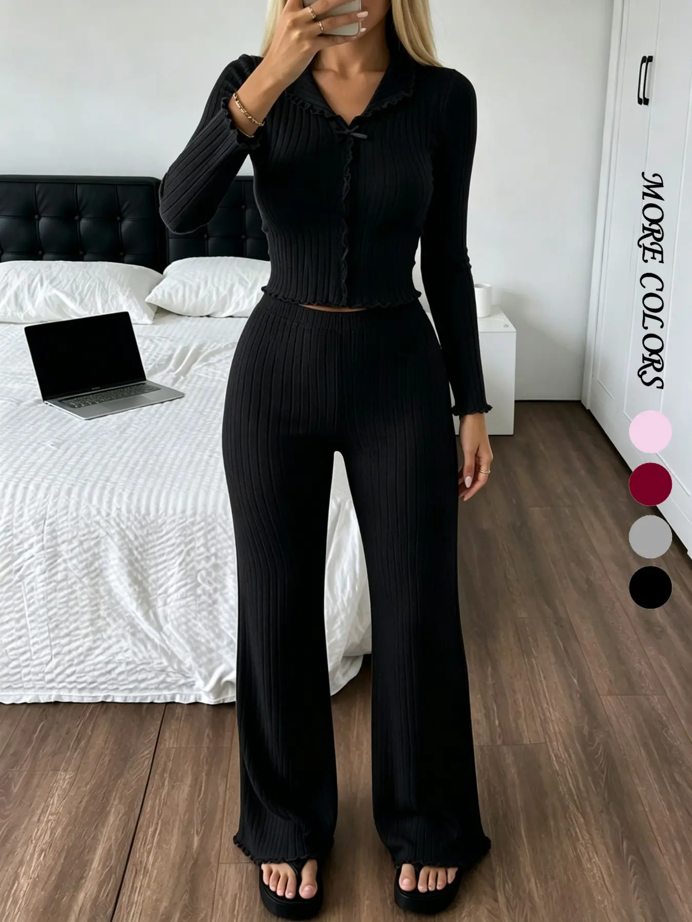 Women's Ribbed Knit Two-Piece Pajama Set, Fitted V-Neck Long Sleeve Sleepwear, Butterfly Detail, Soft and Comfortable, Spring and Fall