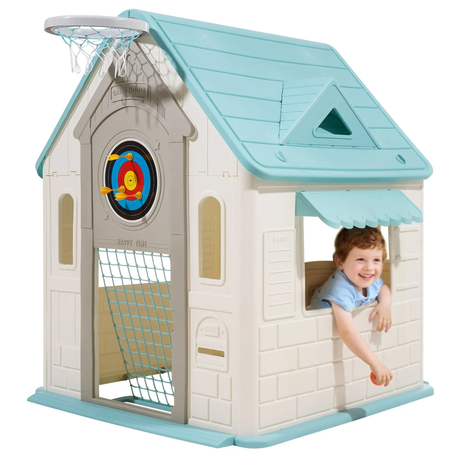 【DealsForYouDays】VEVOR 5-In-1 Outdoor Cottage Playhouse, Toddler Play Set for Aged 2+ with Pretend Play, Basketball, Darts, Soccer, Ring Toss, Window, Convenient Door, Smooth Edges, Polypropylene Plastic